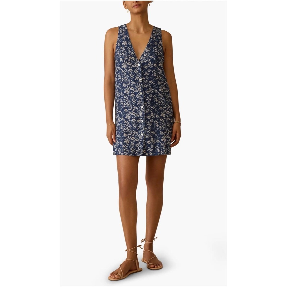 Faherty Sun Strider Linen Mini Dress Blue White Floral Button Front WDU2541 S